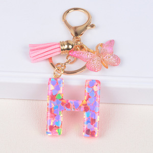Llavero de resina con letras, colgante de mariposa y confeti de corazón colorido, borla rosa, adorno para bolso, regalo - Product Image 3
