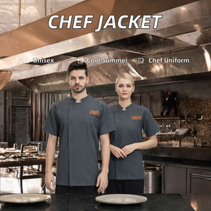 Unisex <b>Short</b> <b>Sleeve</b> Chef <b>Jacket</b> Dark Gray Polyester Cotton Restaurant Uniform Kitchen Shirt Bar Workwear - Product Image 2