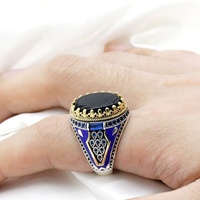 Bague pour homme en argent sterling 925 plaqué or noir et jaune, personnalisée, bleue, hip-hop, émail, fiançailles, bijoux turcs, bagues en métal