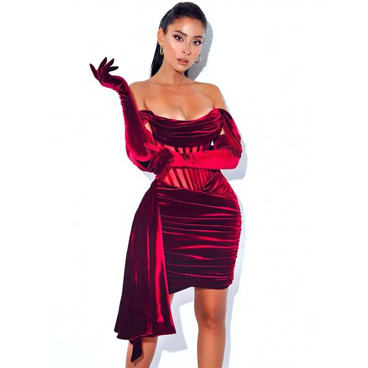 New Sleeveless Off Shoulder Backless Pleated Red Velvet Formal Dress Zippers Bodycon Sexy Mini Women Evening Dresses With Gloves