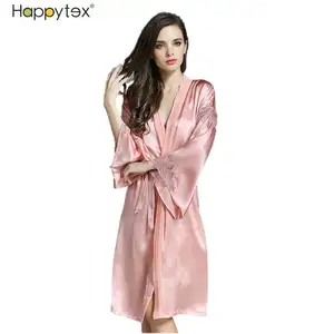 New Soft Smooth Sexy Kimono Nightgown With Lace 100%Pure Mulberry Women Girls Long Silk Robe With Dress 2 PCS Set For Home Hotel