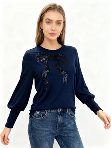 Maglione da Donna Primavera/Autunno in <span class=keywords><strong>Maglia</strong></span> Morbida Elasticizzata di Alta Qualità con <span class=keywords><strong>Grande</strong></span> Fiocco e Paillettes Ricamate, Maniche Lunghe, Pullover Plus Size - Product Image 3