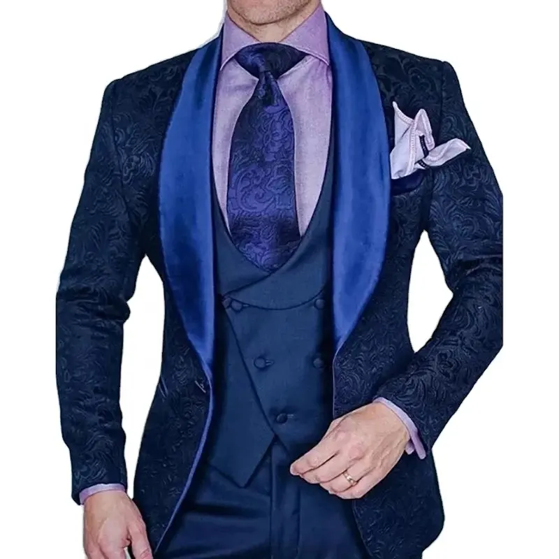 Elegant Custom Made Tuxedos Men Suits Royal Blue Black Groom Tuxedos Shawl Satin Lapel Groomsmen Wedding Man Jacket Pants Vest