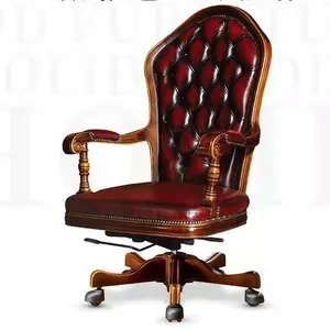 Kursi kantor kulit chesterfield antik mewah kursi pelapis kulit kayu solid kursi kantor putar bos