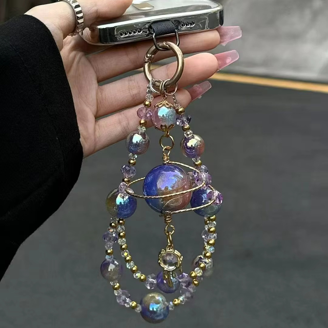 Colorful Crystal Beads Phone Chain Keychain Wrist Strap Lanyard Pendant Double Chain Mobile Phone Hanging Rope