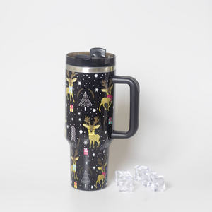 Custom <b>Christmas</b> Red Green Print Coated Stainless Steel 40OZ Camping Travel <b>Mug</b> with Handle and Straw - Product Image 2