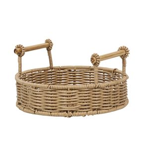 Panier de rangement pour collations et articles divers, avec poignée en bois, pour salon, style pastoral, rond, imitation rotin tressé - Product Image 1