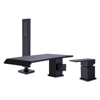 Robinet de bain noir mat 3 trous avec bec cascade large, levier fin, interrupteur latéral cubique, douchette gauche, robinet de baignoire noir