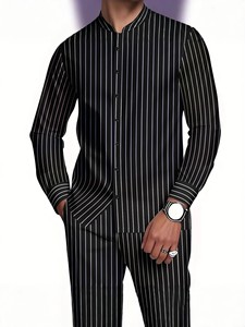 Conjunto de Camisa de Manga Larga con Cuello Alto a Rayas y Pantalones para Hombre, Ropa Casual Transpirable para Otoño e Invierno - Product Image 1