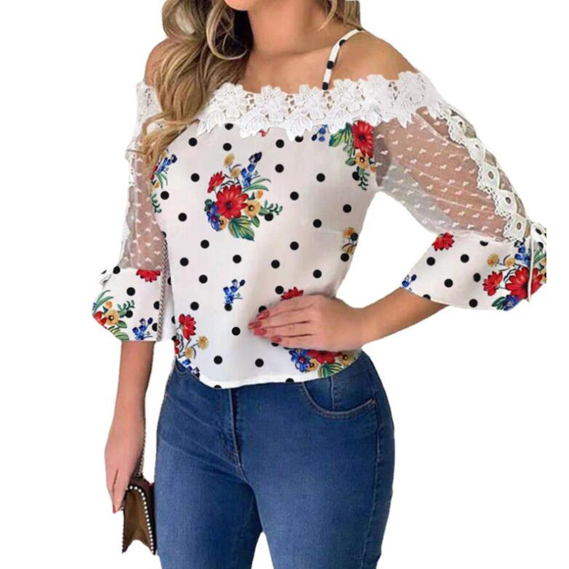 Vintage Embroidered Print Shirt Fashion Lace Sexy Club Female Mesh Patchwork Shirts Sexy Slash Neck Summer Blouses Shirts