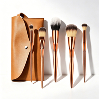 Set Kuas Makeup Mewah 5 Pcs Rose Gold dengan Logo Custom, Bulu Sintetis Vegan, untuk Wajah dan Mata, Termasuk Tas Kulit, MOQ Rendah