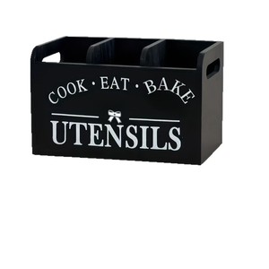 Organisateur d'ustensiles de cuisine, boîte de rangement en bois avec compartiments pour couverts, organisateurs de cuisine de bureau, noir - Product Image 5