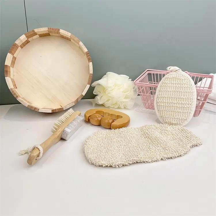 Bath Accessories 5 Pieces Set Body Scrub Gloves Shower Sponge Foot Care Pumice Stone Wood Therapy Massage Tools Set