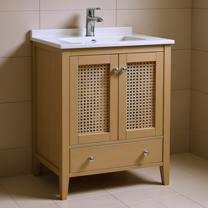 Mueble de Baño de 24 Pulgadas con Gabinete de Ratán, Puertas y Cajón, Acabado Natural, Diseño Moderno para Colocar en el Suelo - Product Image 2