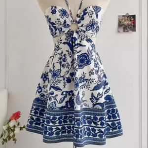 Vestido romántico con estampado Floral para mujer, cuello Halter, Sexy, a la moda, fácil de crear, estilo informal para vacaciones perezosas, otoño Natural - Product Image 1