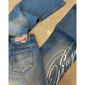 <span class=keywords><strong>Jeans</strong></span> baggy pour homme avec impression sérigraphique personnalisée, délavage délavé bleu, effet vintage, rivets décoratifs, poches, coupe bootcut - Product Image 2