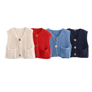 Women Knitted Sweaters <strong>Cardigan</strong> Solid Color 2024 Spring Autumn Female Casual Waistcoat Chic Vest <strong>Ladies</strong> <strong>Sleeveless</strong> Short Tops - Product Image 5