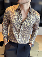 Chemise de luxe à imprimé léopard doré pour homme, automne 2025, chemise décontractée à manches longues de haute qualité, chemise de cérémonie, costume de soirée