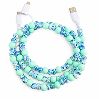 Câble de charge rapide USB 3-en-1 perlé vert menthe moucheté mignon, accessoires de voiture, cadeau pour iPhone et ordinateur