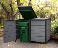 Abri de jardin extérieur compact en résine avec structure métallique résistante aux intempéries, double porte verrouillable et bac à déchets intégré