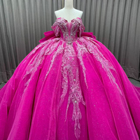 Robe de Quinceañera pour 15 ans, Robe de bal, Épaules dénudées, Appliques, Dentelle, Perles, Satin, Traîne, Décolleté cœur, Style Princesse, pour Fête