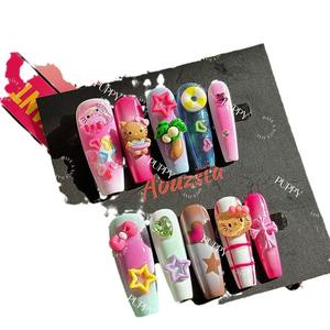 Qianya ตะปูตอกแบบแฮนด์เมดสไตล์ไทย-10ชิ้นเล็บปลอมทรงตัวทียาวสำหรับผิวสีเข้มดีไซน์สาวๆน่ารักสีสันสดใส - Product Image 6