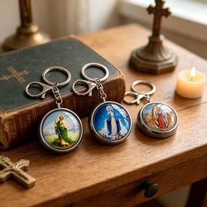 Caja de almacenamiento redonda de Metal para llaveros, con tapa de cristal, colgante con imagen religiosa, estuche portátil para joyería, para regalo - Product Image 4