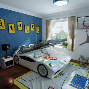Letto per Bambini a Forma di Auto da Corsa in Legno Moderno con Contenitore a Tema Cartone Animato e Sponda di Sicurezza, Struttura in Legno Resistente, Letto Sportivo per Bambini - Product Image 1