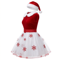 Costume de Père Noël en velours rouge pour femme, robe en tulle à flocons de neige, col en fourrure pelucheuse, chapeau, gants, chaussettes à pompons, ensemble de 5 pièces