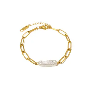 Vintage Stainless Steel 14k Gold Filled Natural Stone Irregular Large Baroque Pearl Adjustable Bracelet For Women