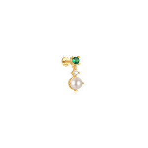 S925 Sterling Silver Single Gold Plated Green Zircon Flower Tassel Stud Earrings - Product Image 1