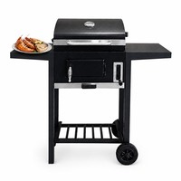 Barbecue à charbon de bois de style chariot avec cheminée et tables latérales, chariot de barbecue à roulettes avec plateau réglable pour fêtes de jardin