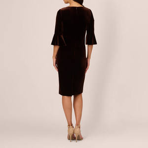 Kadın kare boyun elbise özel kadife kravat ön kılıf elbise çan kollu kahverengi kokteyl elbise gündüz akşam seksi yumuşak - Product Image 5