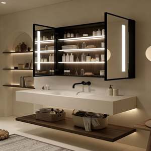 Mueble de Baño Moderno Personalizado para Montar en la Pared |   Mueble de Madera + Almacenamiento con Espejo |   Mueble de Baño con Lavabo Suspendido e Iluminación LED - Product Image 2