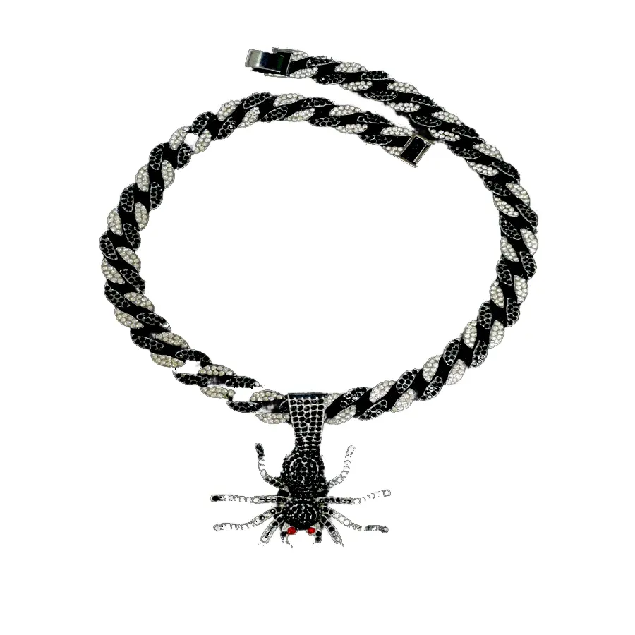 Cadena cubana con colgante de araña para hombre, Gargantilla de cadena con diamantes de imitación de cristal negro, 15M