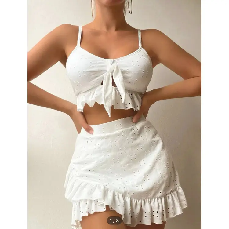 Váy Xếp Nếp Gợi Cảm Và Thanh Lịch Mới Niêm Yết Bộ Bikini Ba Mảnh Buộc Dây Màu Trơn Viền Đồ Bơi Nữ