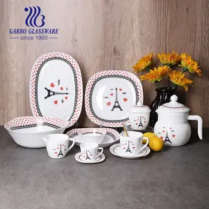Wholesale New Luxury Square Printing Wedding Dinner Tableware Dinnerware Set with white Plates Opal Glass Tableware 58pcs