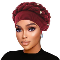 Turban africain tressé à la main avec perles, chapeau en polyester extensible élégant pour femme, pré-coiffé pour mariage et fête