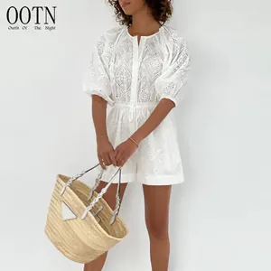 OOTN Barboteuse en coton à manches courtes et taille midi pour femmes 2023 Summer Casual Hollow Out Combishorts Elegant Jacquard White O Neck Rompers