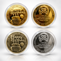 Pièce de monnaie de gâteau d'anniversaire 2026 avec 3 bougies, motif vœux, plaqué or et argent, avec boîtier en acrylique