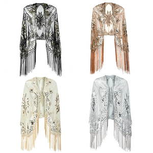 Women's 1920s Scarf Wraps Sequin Fringed Wedding <strong>Cape</strong> Evening Shawl Vintage Prom Wedding Party <strong>Mesh</strong> Cover up Dress Accessories - Product Image 5