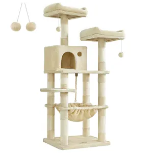 Feandrea Multi funcional Modular Tall Cat House Cat Tower Condo 143cm Arranhões Escalada Cat Tree com 2 Poleiros de Pelúcia