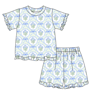 GSSO3320 Ensemble d'été personnalisé pour petite fille active, imprimé nœuds roses, tenue d'été pour enfants, vente en gros, ensemble short et manches courtes pour fille - Product Image 4
