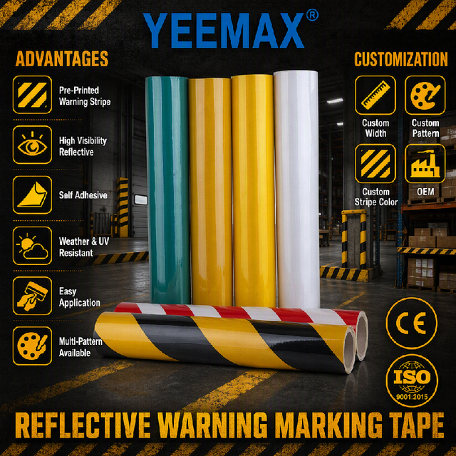 Reflective Conspicuity Marking Tape Self-Adhesive Hazard Stripe Yellow Black Red White for Warehouse Aisle Barricade Safety