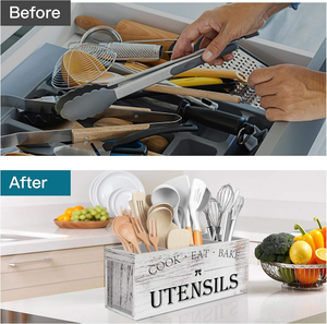 Organisateur de cuisine rectangulaire en bois de pin blanc rustique avec 5 séparateurs amovibles, grand porte-ustensiles facile à nettoyer - Product Image 4