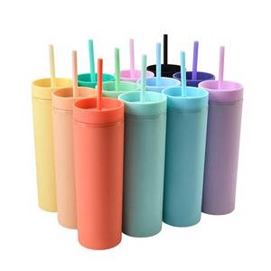 Gobelets en plastique réutilisables avec paille, 16oz, 450ml, mince, mince, acrylique, Pastel, coloré, mat, vente en gros - Product Image 1