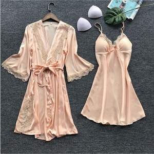 Robe de chambre en satin pour femme avec robe, ensemble <span class=keywords><strong>2</strong></span> pièces, vêtements de nuit, lingerie en satin à dentelle profonde en V, chemise de nuit sexy en soie avec coussinets de poitrine, pyjama - Product Image 3