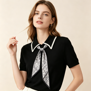 Elegante Camicetta Nera da Donna con Fiocco a Sciarpa e Colletto Rovesciato, Top Trendy Estivo per Signore - Product Image 2