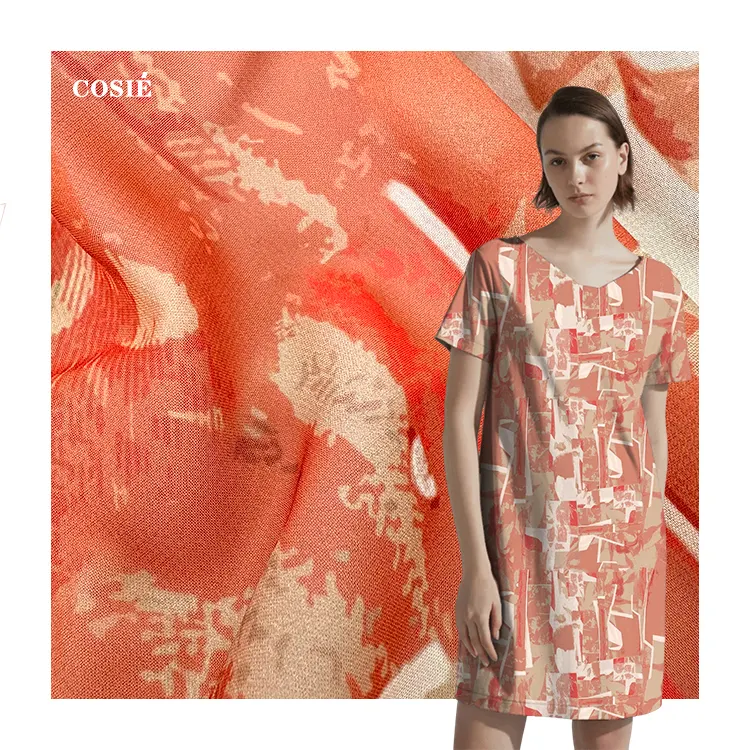 Robe d'été personnalisée à imprimé abstrait en mousseline de soie à quantité minimale de commande bas mousseline de soie florale douce au mètre jupe en polyester tissu transparent 68g