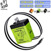 Chargeur rapide GaN 120W OEM double port A+C avec 2 câbles rétractables intégrés (Type-C + USB-A) et adaptateur de voyage universel ignifuge